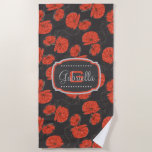 Modern Red Poppy Pattern Monogram on Slate Gray Beach Towel