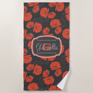 Modern Red Poppy Pattern Monogram on Slate Gray Beach Towel