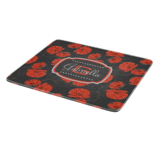Modern Red Poppy Pattern Monogram on Slate Gray Cutting Board (Corner)