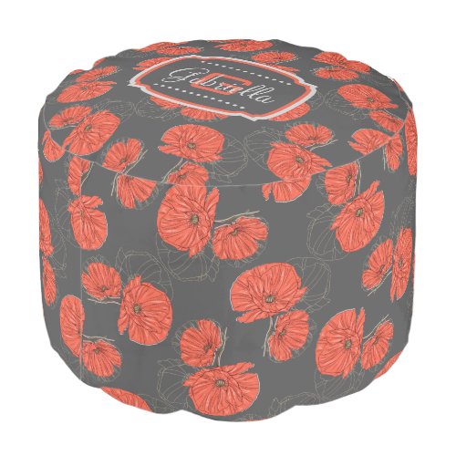 Modern Red Poppy Pattern Monogram on Slate Gray Pouf