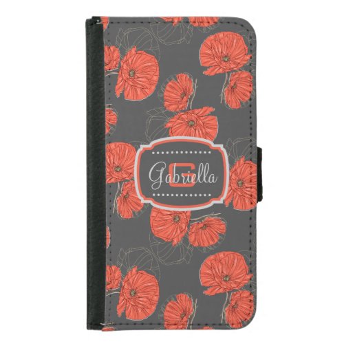 Modern Red Poppy Pattern Monogram on Slate Gray Wallet Phone Case For Samsung Galaxy S5