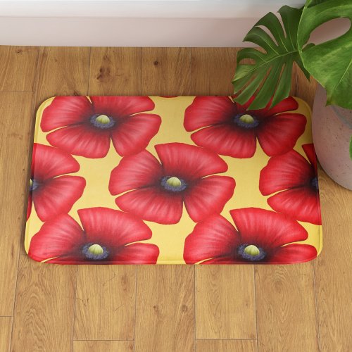 Modern Red Poppy Pattern on Yellow Bath Mat