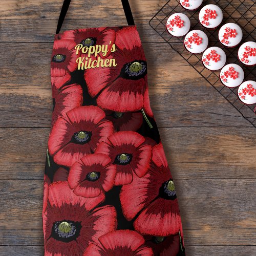 Modern Red Poppy Pattern Personalized Kitchen Apron