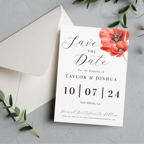 Modern Red Poppy Wedding Save the Date Postcard
