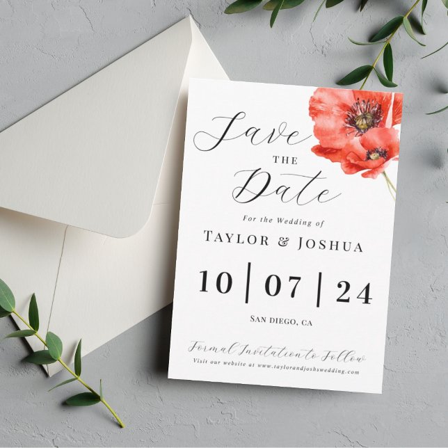 Modern Red Poppy Wedding Save the Date Postcard (Creator Uploaded)
