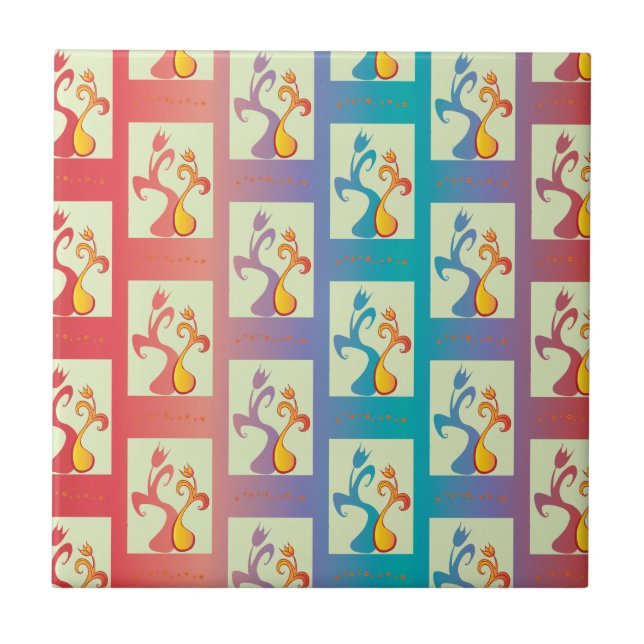 Modern Red, purple and blue Tulip Couple pattern Ceramic Tile (Front)