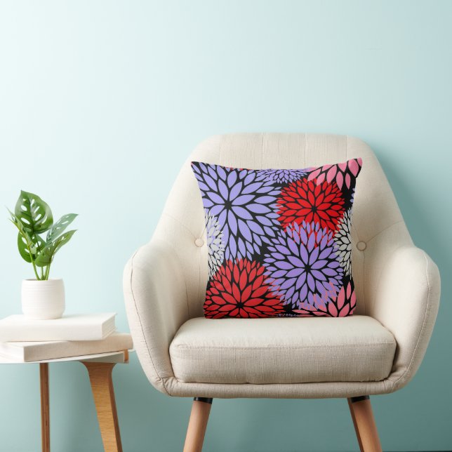 Modern Red Purple Pink Dahlia Floral Throw Pillow (Chair)