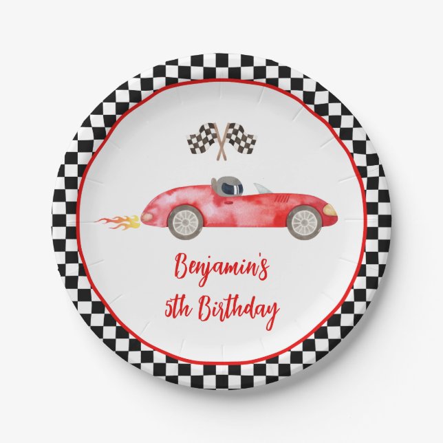 Modern Red Race Car Birthday Paper Plates (Front)
