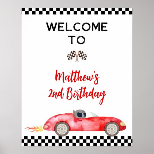 Modern Red Race Car Birthday Welcome Sign