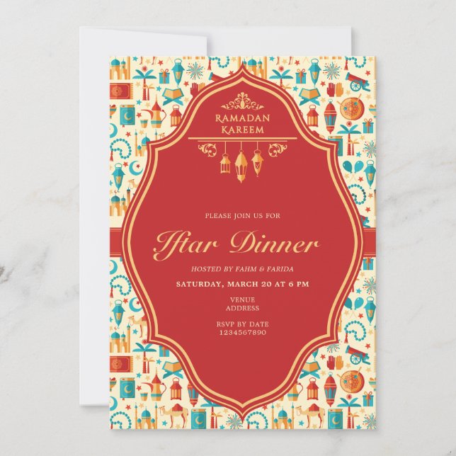 Modern Red Ramadan Kareem Iftar Eid Dinner Party Invitation (Front)