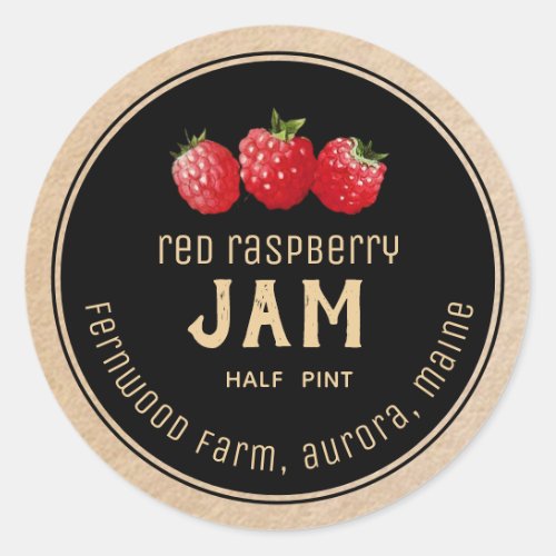 Modern Red Raspberry Jam Label Black on Kraft