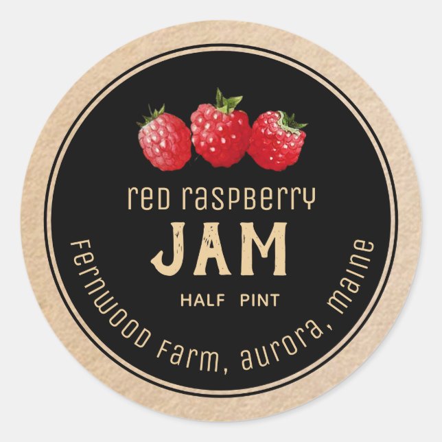 Modern Red Raspberry Jam Label Black on Kraft (Front)