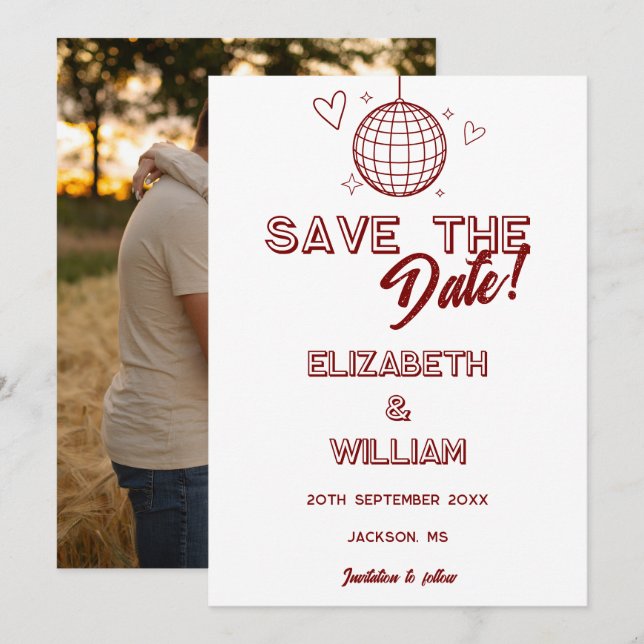 Modern Red Retro Disco Groovy Photo Wedding Save The Date (Front/Back)