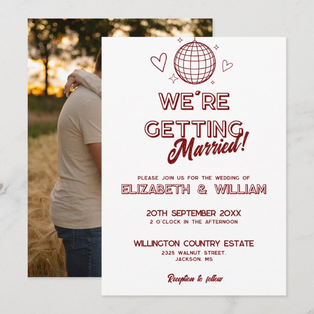 Modern Red Retro Disco Groovy Wedding Photo Invitation (Front/Back)