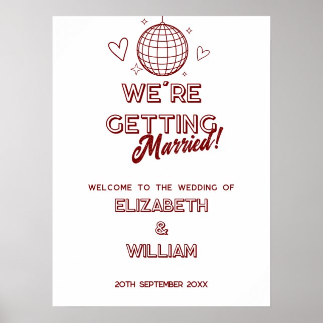 Modern Red Retro Disco Groovy Wedding Welcome Sign (Front)