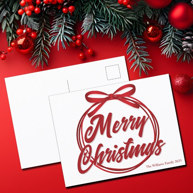Modern Red Ribbon Bow Merry Christmas Script Holiday Postcard (Creator Uploaded)
