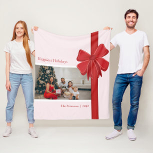 Modern Red Ribbon Bow Wrap Photo Christmas Fleece Blanket