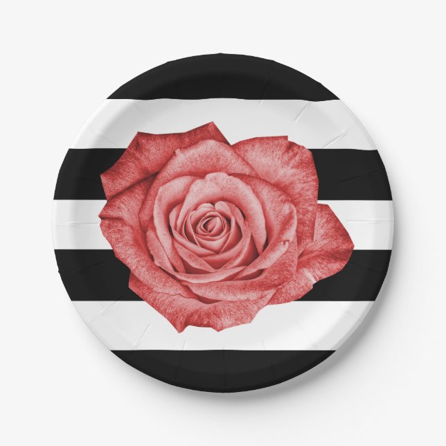 Modern Red Rose Black White Striped Wedding Party Paper Plates (Front)