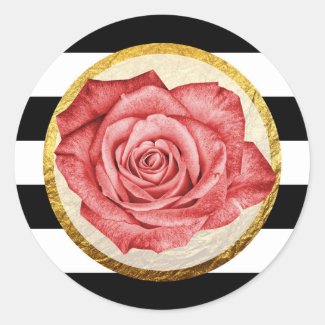 Modern Red Rose Faux Gold Foil Striped Wedding Classic Round Sticker