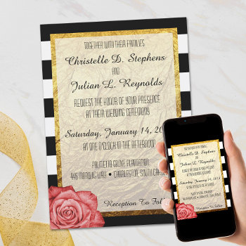 Modern Red Rose Faux Gold Foil Striped Wedding Invitation by CyanSkyCelebrations at Zazzle