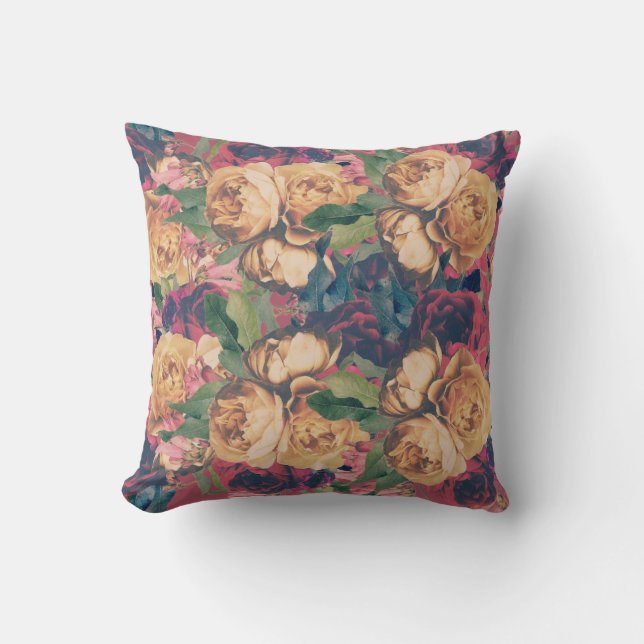 Modern Red Rose Floral Botanical Boho Throw Pillow (Front)