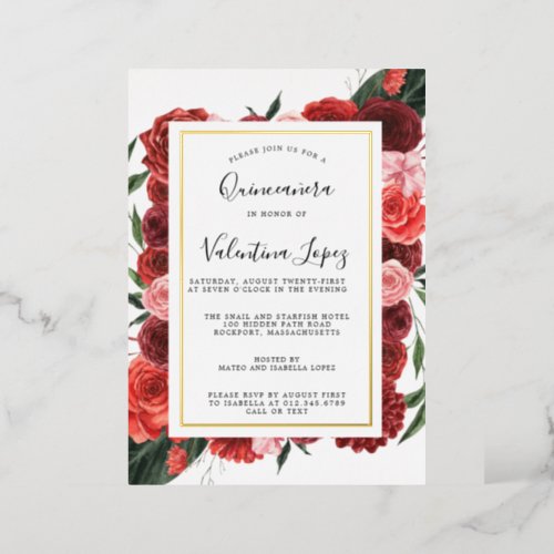 Modern Red Rose Floral Quinceanera Gold Foil Invitation