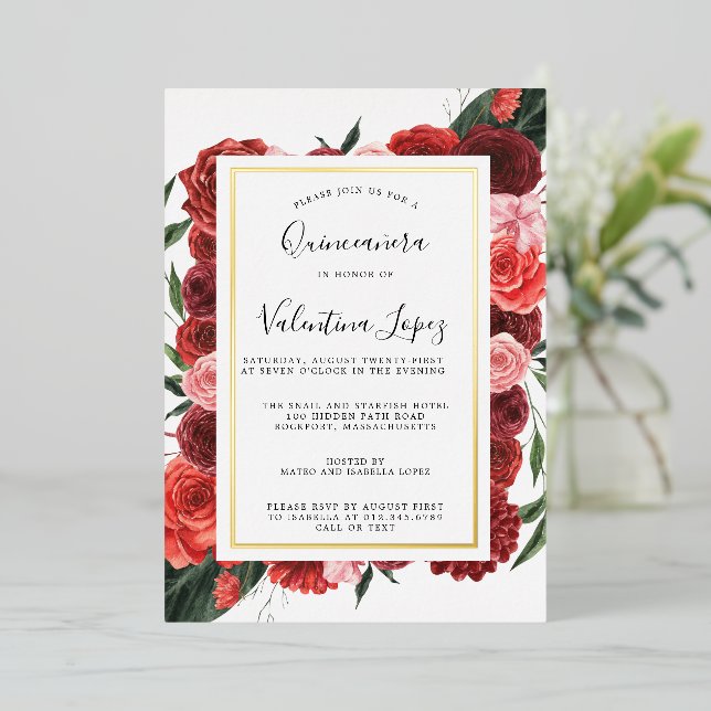Modern Red Rose Floral Quinceanera Gold Foil Invitation (Standing Front)