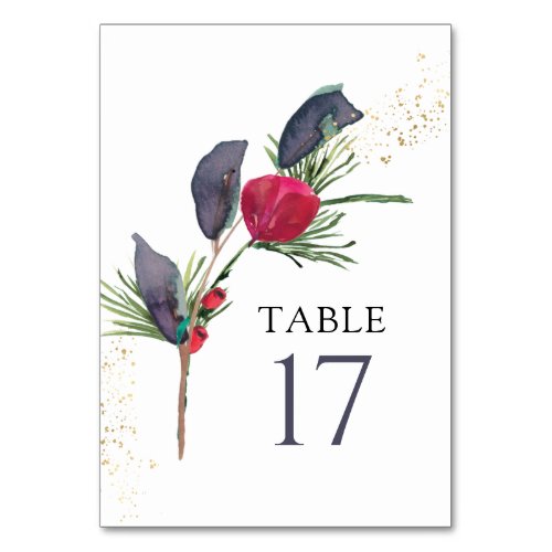 Modern Red Rose Greenery Winter Floral Wedding  Table Number