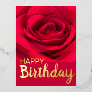 Modern Red Rose Happy Birthday Real Gold Foil Holiday Postcard