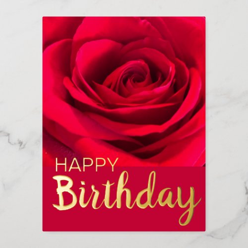 Modern Red Rose Happy  Birthday Real Gold Foil Holiday Postcard