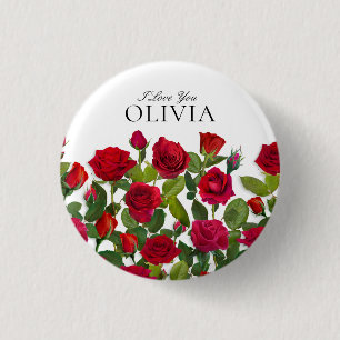 Modern Red Rose Minimalist Name I Love You Button