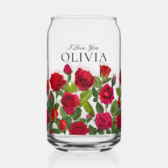 Modern Red Rose Minimalist Name I Love You Can Glass (Front)