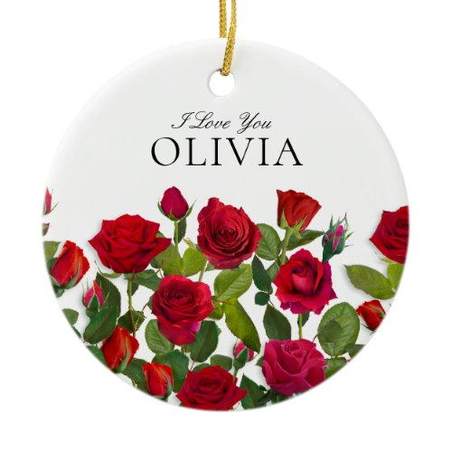 Modern Red Rose Minimalist Name I Love You Ceramic Ornament