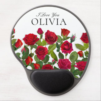 Modern Red Rose Minimalist Name I Love You Gel Mouse Pad