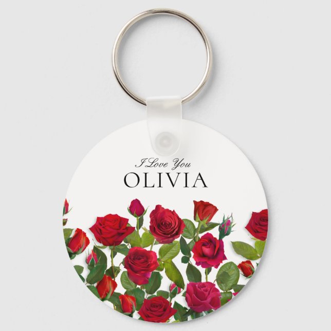 Modern Red Rose Minimalist Name I Love You Keychain (Front)