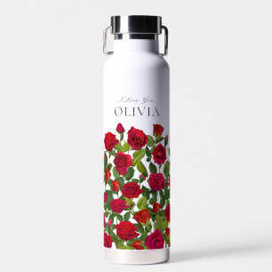 Modern Red Rose Minimalist Name I Love You Water Bottle