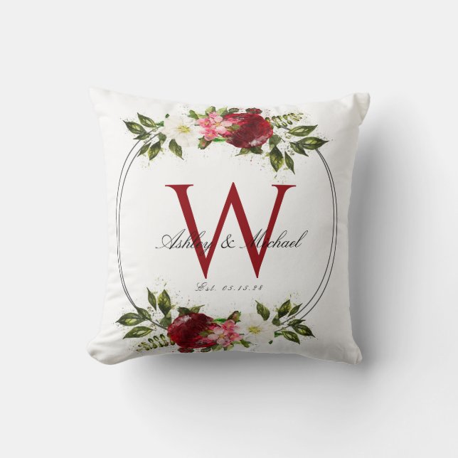 Modern Red Rose Wreath Monogram Wedding Keepsake Throw Pillow (Front)