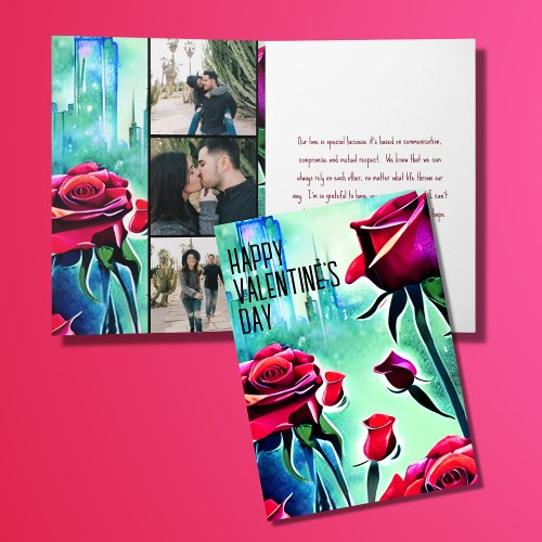 Modern Red Roses 3 Photo Cityscape Valentines Day Holiday Card