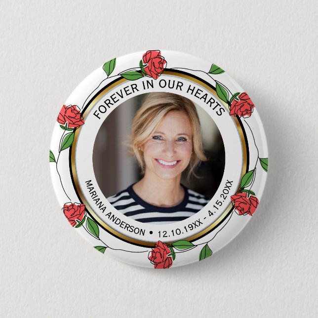 Modern Red Roses and Gold Forever in our Hearts  Button (Front)