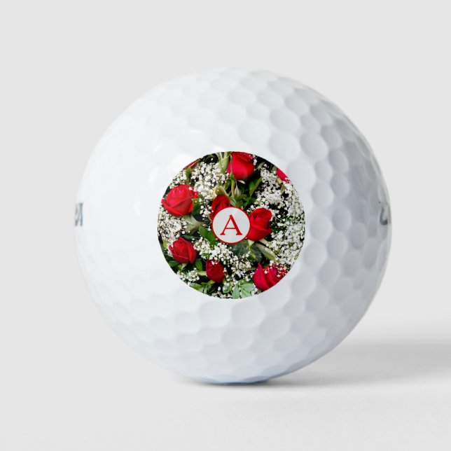 Modern red roses bouquet with monogram golf balls (Front)