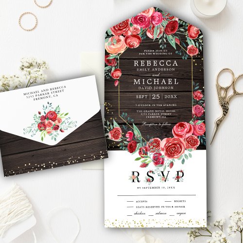 Modern Red Roses Floral Barn Wood Wedding All In One Invitation