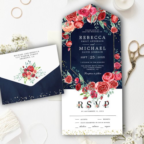 Modern Red Roses Floral Navy Blue Wedding All In One Invitation