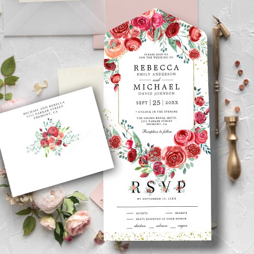 Modern Red Roses Floral Wedding All In One Invitation