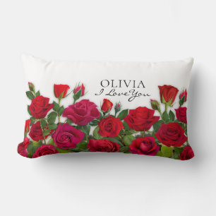 Modern Red Roses Garden Minimalist Name Lumbar Pillow
