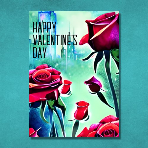 Modern Red Roses with Cityscape Valentines Day Holiday Card