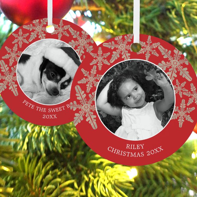 Modern Red Rustic Snowflake 2 Photo Chic Holiday Metal Ornament (These red and faux wood rustic photo ornaments are easy to personalize)