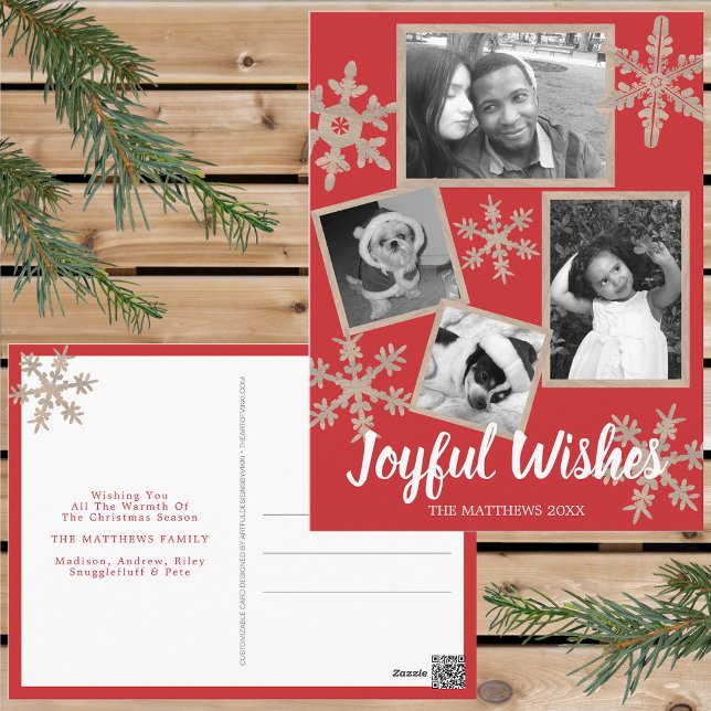 Modern Red Rustic Snowflake 4 Photo Christmas Postcard (Personalize these rustic snowflake holiday postcards for one of a kind Christmas cheer this year.)