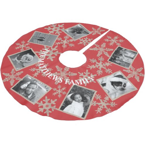 Modern Red Rustic Snowflake Add Your 7 Photo Brushed Polyester Tree Skirt