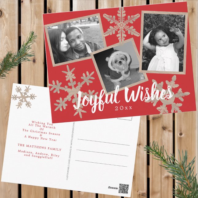 Modern Red Rustic Snowflake Collage 3 Photo Postcard (Customize these holiday postcards with 3 of your favorite photos and a personalized greeting.)