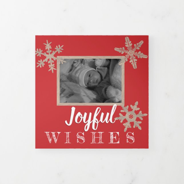 Modern Red Rustic Snowflake Festive 3 Photo Tri-Fold Holiday Card (Cover)